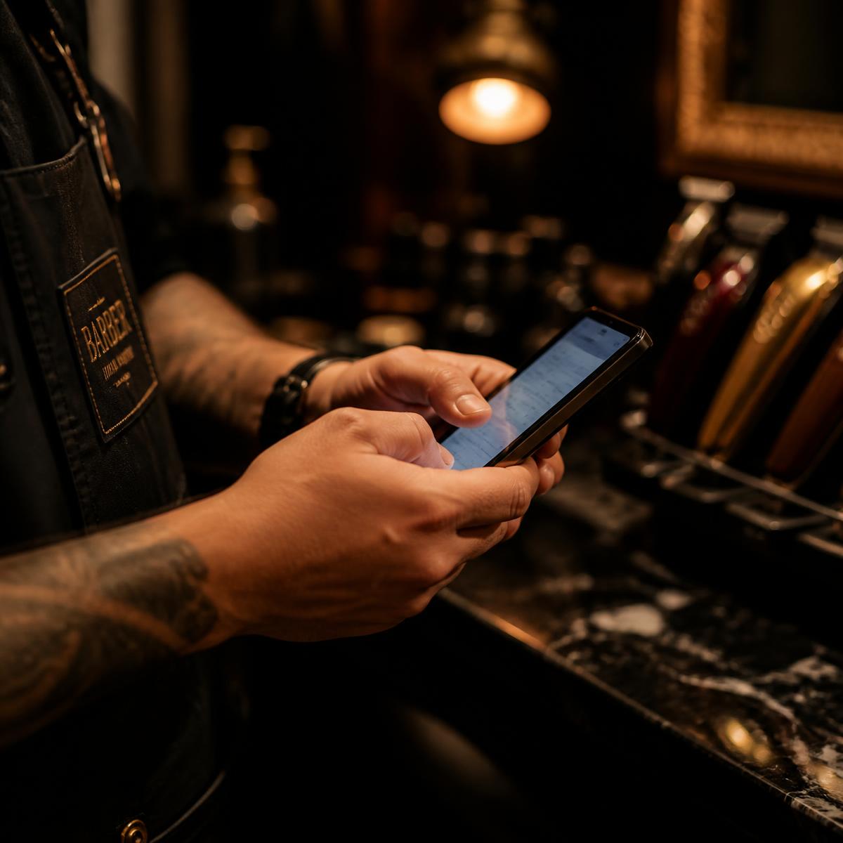 A barber checking their day on a phone between clients